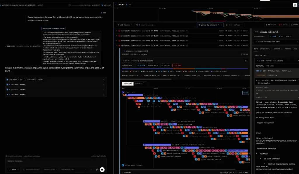 Working a research task with the harness worker inside the iii Console -- the session chat next to the live trace of every function call and sub-agent spawn.