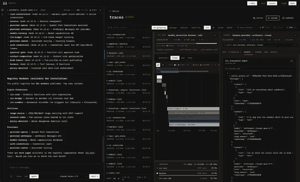 The iii Console traces view: every harness turn, sub-agent spawn, and provider call is a span on one timeline.
