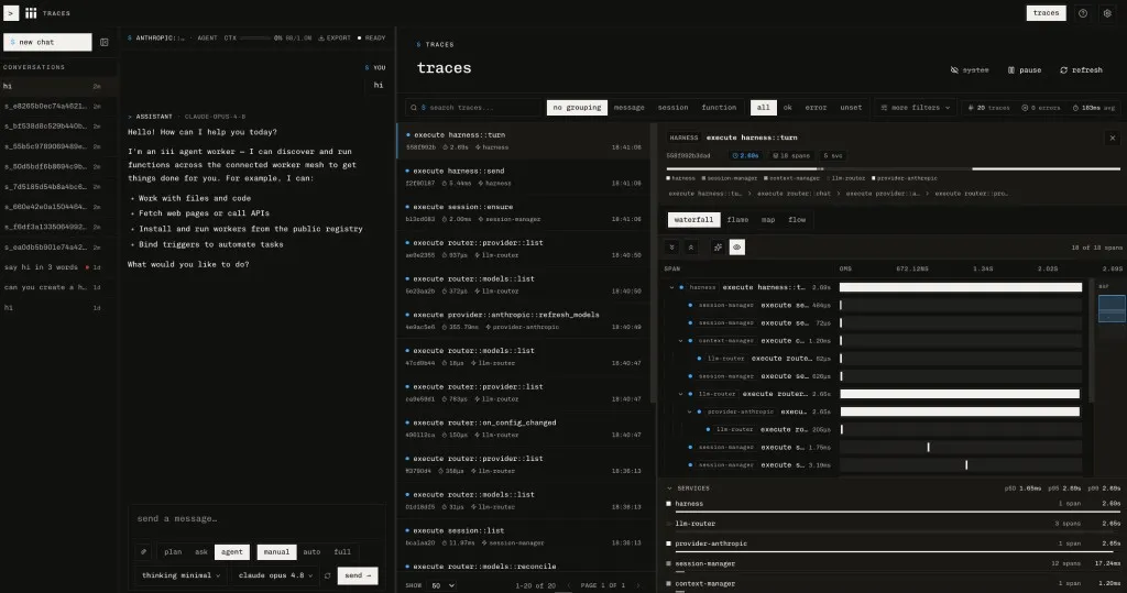 Every turn, sub-agent spawn, and provider call is one correlated trace -- the harness turn waterfall in the iii Console.
