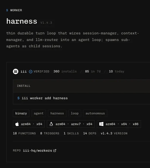 The harness worker in the registry -- 18 functions, 8 triggers, 14 deps, installed with one command.