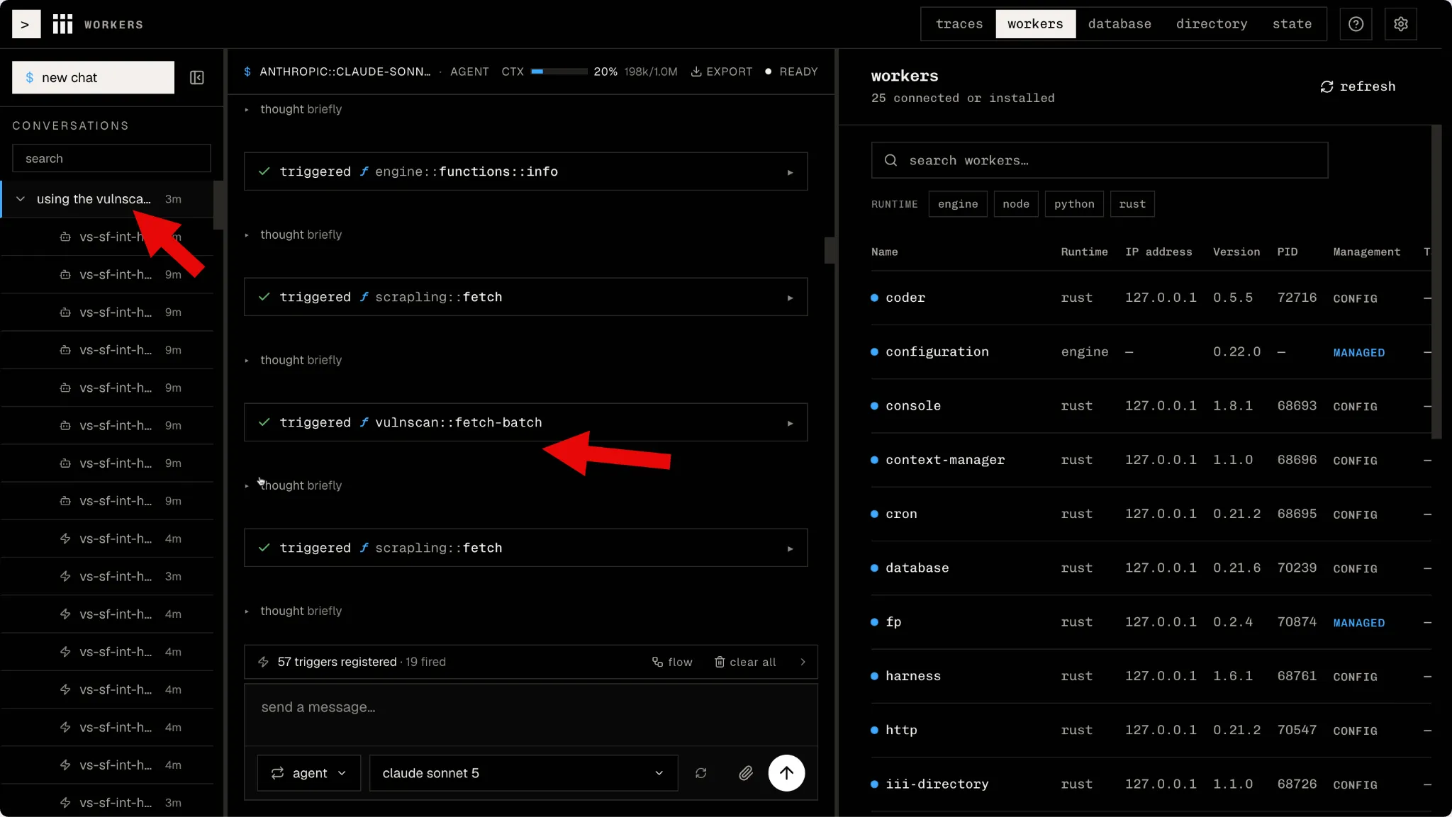 A brand-new conversation invoking the freshly created vulnscan worker to run the analysis end to end.