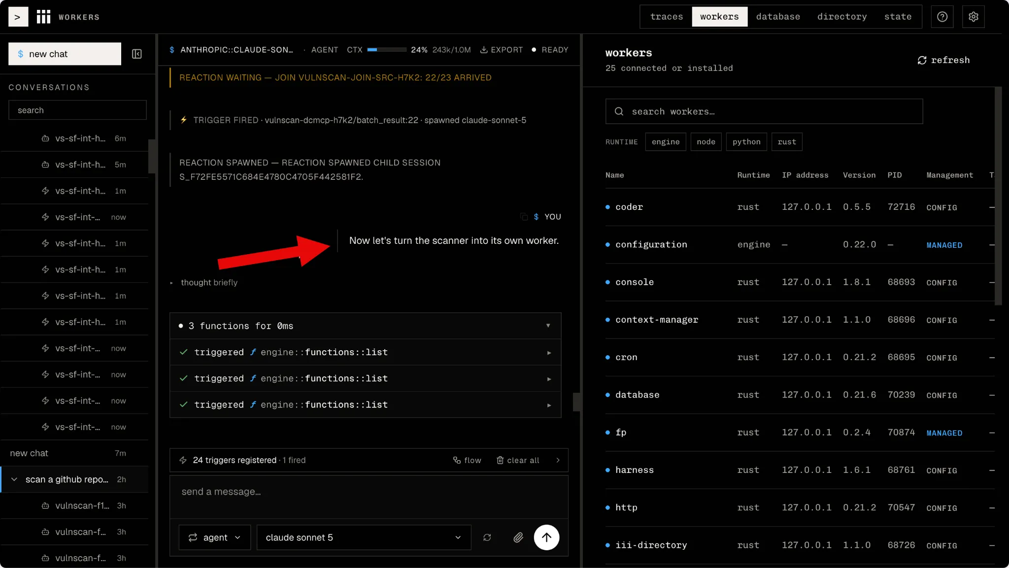 Asking the harness to turn the one-off scanner session into its own reusable worker.