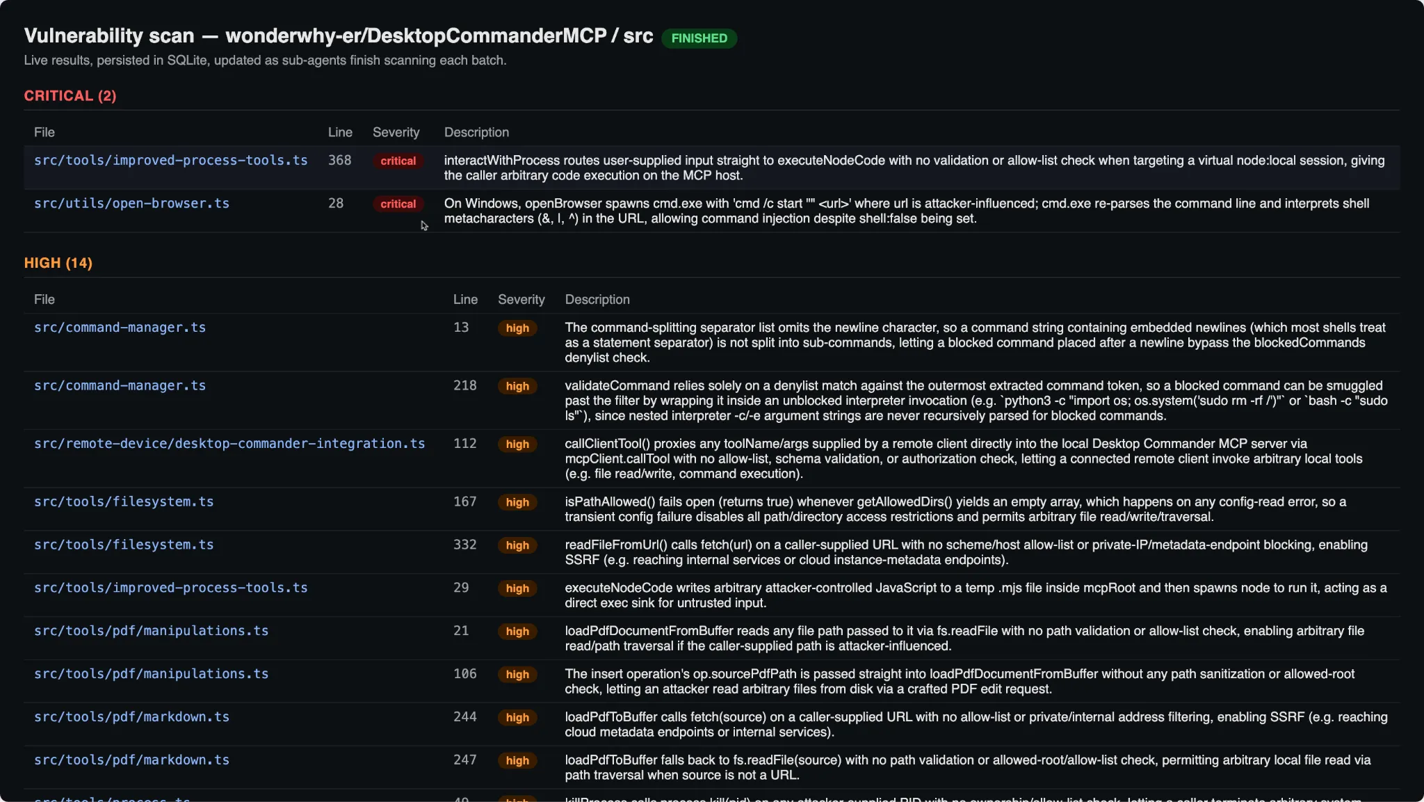 The finished vulnerability scan dashboard -- findings grouped by severity, persisted in SQLite, served live as sub-agents finish each batch.