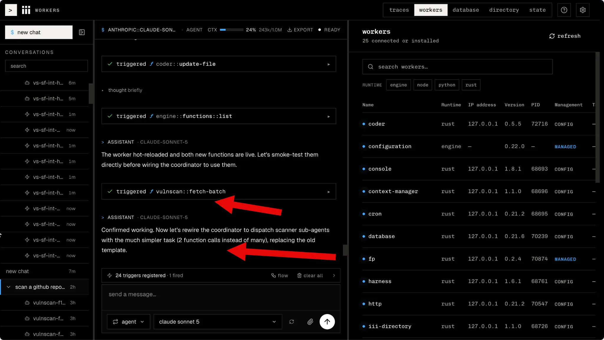 The worker hot-reloads with its new functions live, gets smoke-tested in the same session, then the coordinator is rewired to call it directly.